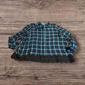 Jane and Delancey Plaid Button Up Top Lace Trim Plus Size 2X Blue Black